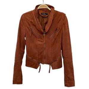 Lulus Faux Suede Y2K Cowl Neck Moto Jacket Women Size XS Rust Bikercore Edgy